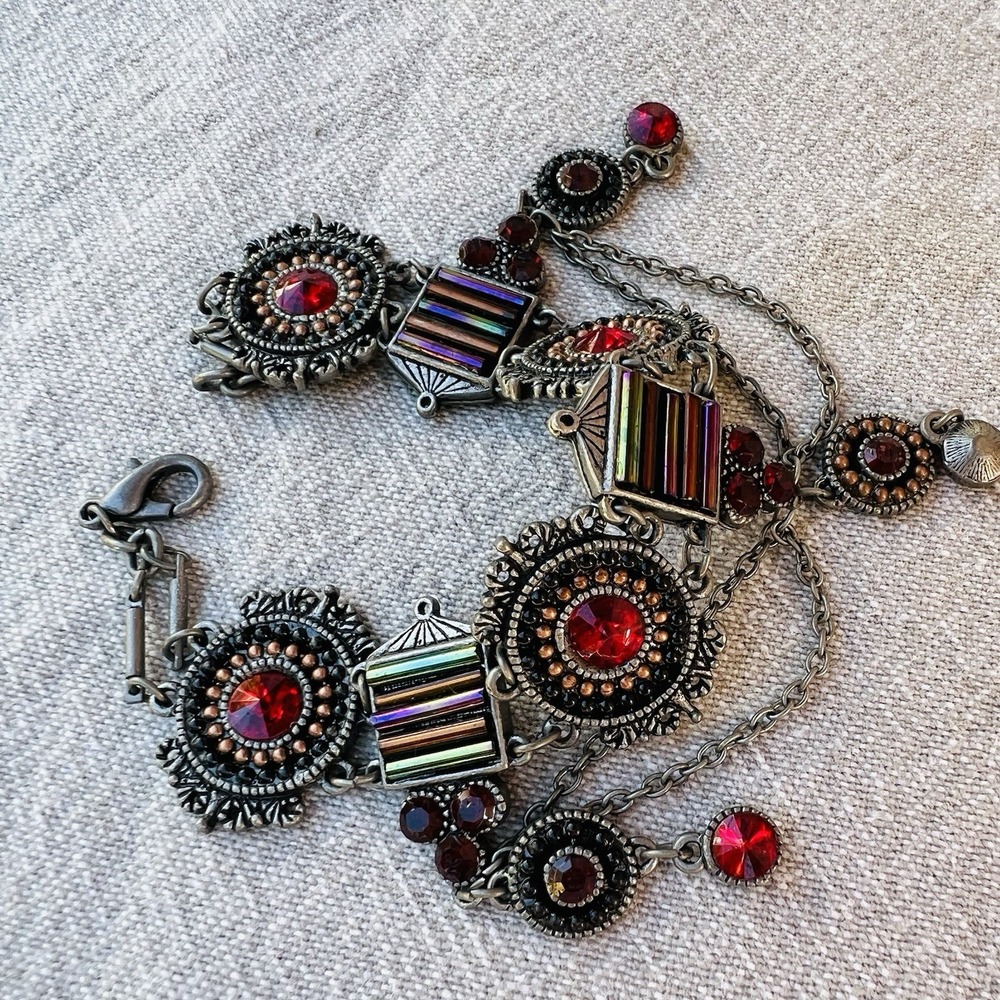 Vintage Art Deco Revival Bracelet Red Rhinestones Rainbow Glass Silver Tone - Picture 6 of 8